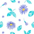 Torquoise green leaves and violet flowers, seamless pattern.