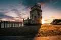 Torre de BelÃ©m, historical monument in the Tagus river. Sunset Lisbon Portugal Royalty Free Stock Photo