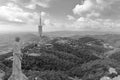 A graphical view of Apostle sculpture of Sacred Heart of Jesus Church and Collserola Tower, Barcelona, Catalonia, Spain