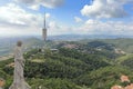 Apostle sculpture of Sacred Heart of Jesus Church and Collserola Tower Torre de Collserola, Barcelona, Catalonia Spain