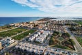 Torre de la Horadada aerial shot, drone point of view of Mediterranean Seascape and townscape view. Travel destinations and