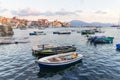 Torre del Greco, Naples, Italy - panoramic view from the port of blue sea, boats and city