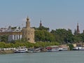 Torre del Oro, historical watchtower along Guadalquivir river with tourist boat in Sevilla.