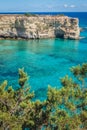 Torre Sant Andrea rocky sea coast with turquoise water and juniper, Apulia Italy