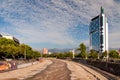 Torre Telefonica Building and the fast-flowing Mapocho River - S