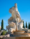 Replica of the Trevi Fountain in the Europa Park of Torrejon de Ardoz with a beautiful blue sky with clouds in the background