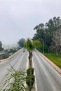 Traffic on foggy street in Torremolinos, Spain on April 1, 2024 Royalty Free Stock Photo