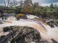 Torrent of water cascading over Linton Falls, River Wharfe, Grassington, Wharfedale, Yorkshire Dales