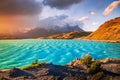 Torres del Paine, Chile. Sunset over Pehoe Lake, Chilean Patagonia Royalty Free Stock Photo