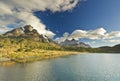 Torres del paine lake pehoe in patagonia with rock walls