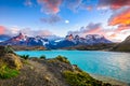 Torres del Paine over the Pehoe lake, Patagonia, Chile - Southern Patagonian Ice Field, Magellanes Region Royalty Free Stock Photo