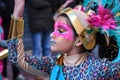 TORREVIEJA, SPAIN FEBRUARY 12, 2023: Girl in a carnival costume at a festive parade, Alicante, Costa blanca region. Spain