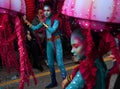 TORREVIEJA, SPAIN FEBRUARY 12, 2023: Girls in a fancy carnival costume at a Mardi Gras parade, Alicante, Costa blanca region.