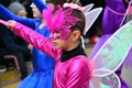 TORREVIEJA, SPAIN, FEBRUARY 12, 2023: Kids in a colorful carnival costumes at a festive parade, Alicante, Costa blanca region.