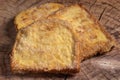 (Torrijas) Fried bread soaked in milk flavored with vanilla, cinnamon, lemon and egg