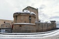 Torrione di Avetrana is part of the medieval castle, located in the historic center, after a exceptional snowfall, Salento, Apulia