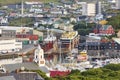 Torshavn city town harbor in Feroe islands. Shipbuildings and church