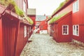 TORSHAVN, FAROE ISLANDS - JULY 05, 2019: Old town of capital city of Torshavn. Typical houses with peat roof grass roof .