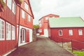 TORSHAVN, FAROE ISLANDS - JULY 05, 2019: Old town of capital city of Torshavn. Typical houses with peat roof grass roof .