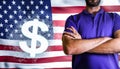 Torso of a man Young man with arms crossed against united states digital dollar and national flag