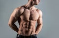 Torso with six pack and ab muscle. Abs and biceps. Strong brutal guy. Sexy torso. Handsome big muscles man posing at Royalty Free Stock Photo