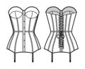 Torsolette basque bustier lingerie technical fashion illustration with molded cup, back laced, attached garters. Flat