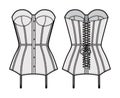 Torsolette basque bustier lingerie technical fashion illustration with molded cup, back laced, attached garters. Flat