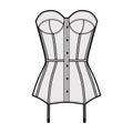Torsolette basque bustier lingerie technical fashion illustration with molded cup, back laced, attached garters. Flat