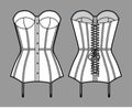 Torsolette basque bustier lingerie technical fashion illustration with molded cup, back laced, attached garters. Flat