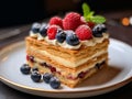 Torta napoleonica decorata con frutti di bosco e frutta