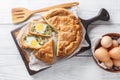 Torta Pasqualina is an traditional Italian Easter speciality made of puff pastry, ricotta cheese, spinach and eggs closeup on the