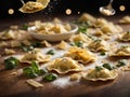 Floating Tortelli and ravioli, pasta with ingredients, cheese, meat, or vegetables. Cinematic photo