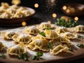 Floating Tortelli and ravioli, pasta with ingredients, cheese, meat, or vegetables. Cinematic photo