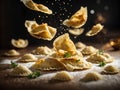 Floating Tortelli and ravioli, pasta with ingredients, cheese, meat, or vegetables. Cinematic photo