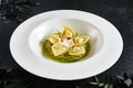 Tortellini with Shrimps or Seafood Ravioli, Young Zucchini Ragout Top View