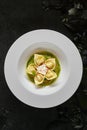 Tortellini with Shrimps or Seafood Ravioli, Young Zucchini Ragout Top View