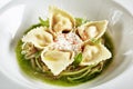 Tortellini with Shrimps or Seafood Ravioli, Young Zucchini Ragout Top View