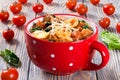 Tortellini soup with italian sausages, spinach, tomato, parmesan cheese Royalty Free Stock Photo