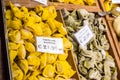 Tortelloni in a market of Bologna. Emilia-Romagna. Italy.