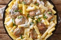 Tortiglioni with pieces of chicken in a creamy cheese sauce with herbs close-up in a plate. Horizontal top view Royalty Free Stock Photo