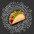 Tortilla Burritos wrap vector cartoon illustration. Mexican burritos with french fries and vegetables Icon. Mexican