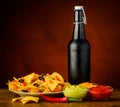 Tortilla chips, dip and beer Royalty Free Stock Photo