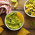 Tortilla chips with dips, guacamole and salsa Royalty Free Stock Photo