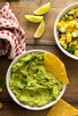 Tortilla chips with dips, guacamole and salsa Royalty Free Stock Photo