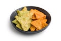 Tortilla chips with the flavor of chili and jalapeno peppers on plate isolated on white background Royalty Free Stock Photo