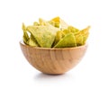 Tortilla chips with the flavor of jalapeno peppers in bowl isolated on white background Royalty Free Stock Photo