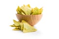 Tortilla chips with the flavor of jalapeno peppers in bowl isolated on white background Royalty Free Stock Photo