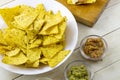 Tortilla chips with guacamole and salsa dips Royalty Free Stock Photo