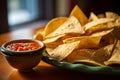 Tortilla chips on plate with salsa dip