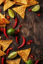 Tortilla chips with red hot chili peppers, lime, and salsa dip on wooden background Royalty Free Stock Photo